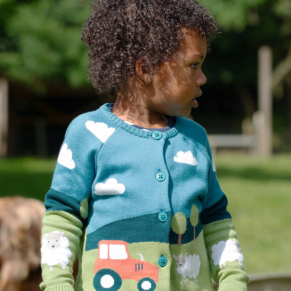 Frugi Boys Blue Green Organic Cotton Farm Cardigan