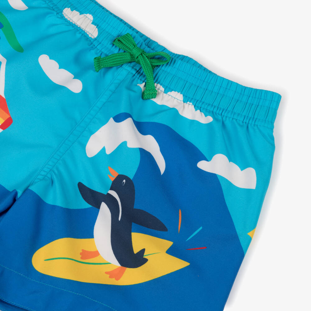 Frugi-Boys Blue Surfing Penguin Swim Shorts | Childrensalon Outlet