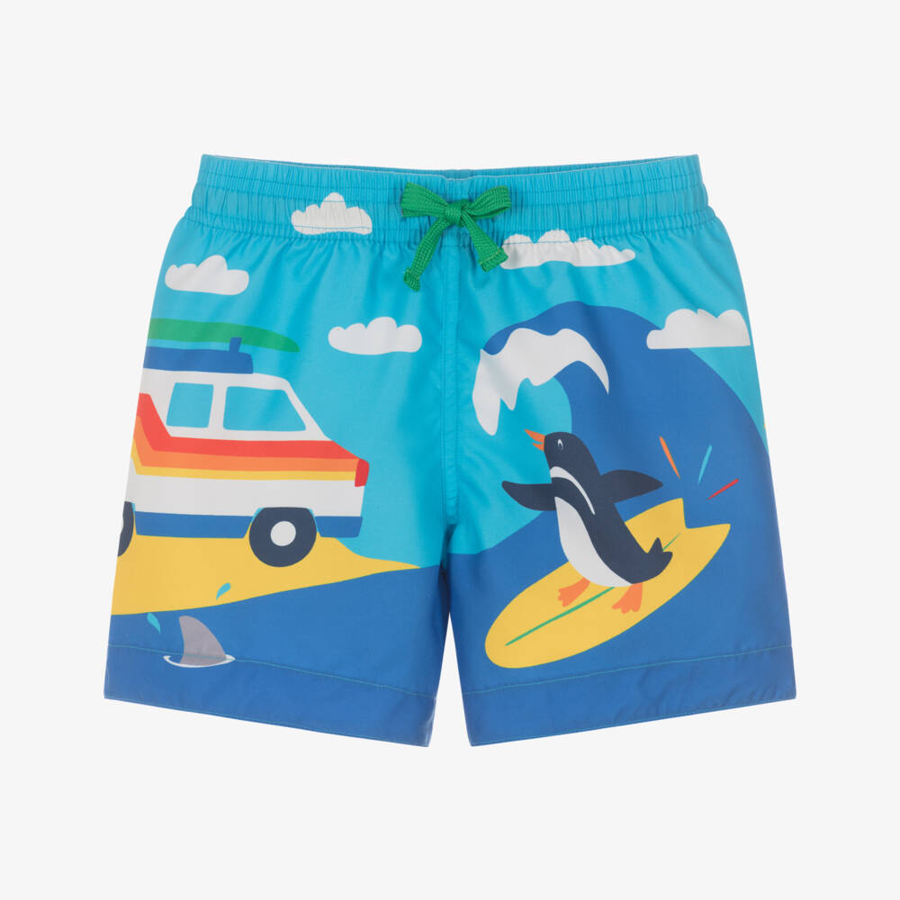 Frugi-Boys Blue Surfing Penguin Swim Shorts | Childrensalon Outlet