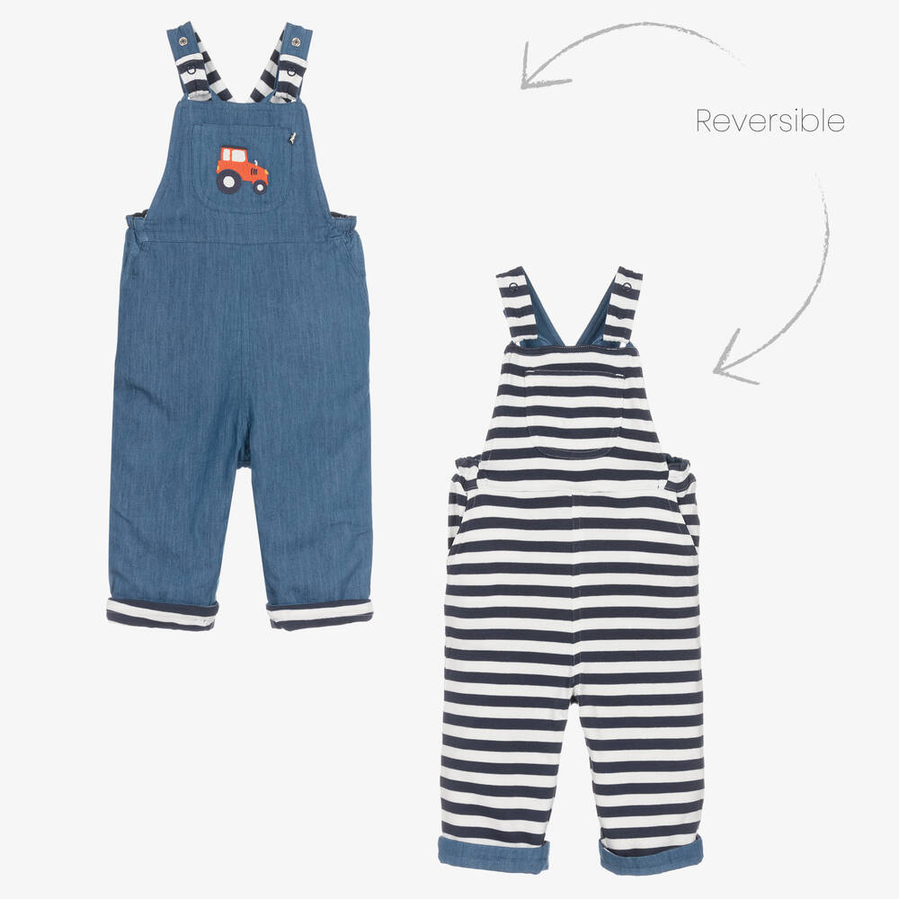 Frugi - Boys Blue Tractor Reversible Dungarees | Childrensalon