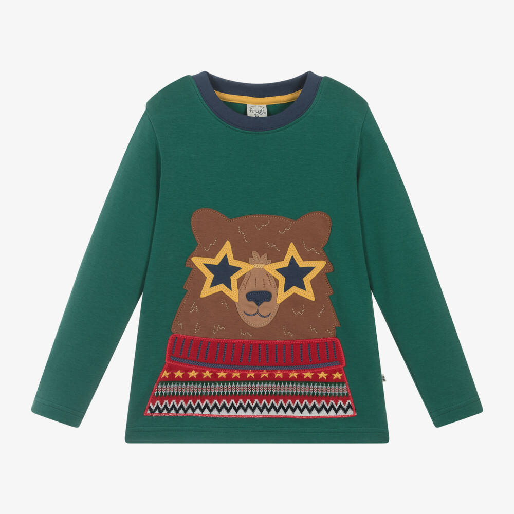 Frugi-توب بتصميم دب قطن لون أخضر غامق للأولاد | Childrensalon Outlet