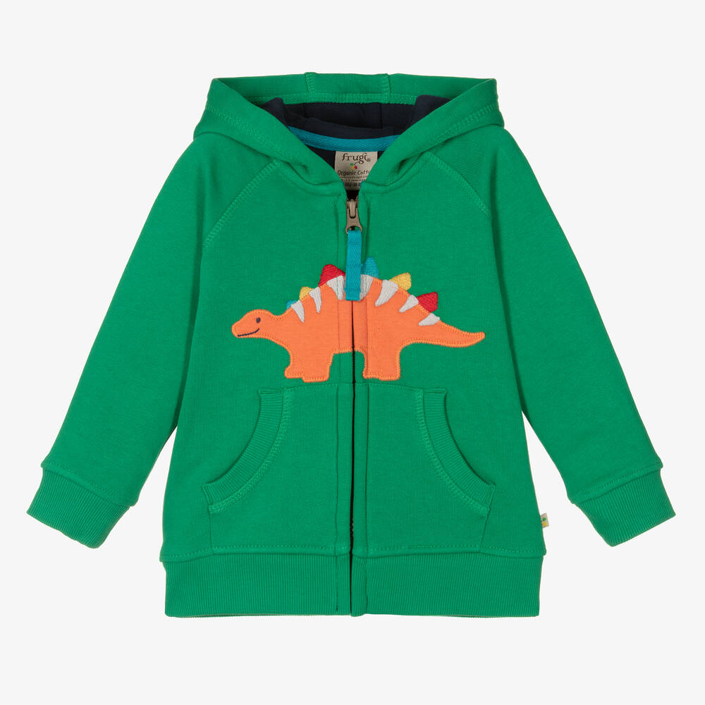 Frugi - Boys Green Dinosaur Cotton Zip-Up Hoodie | Childrensalon