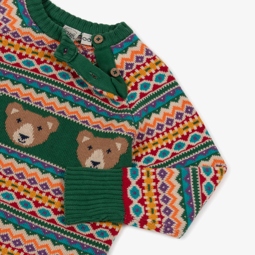 Frugi-Boys Green Knitted Organic Cotton Bear Fair Isle Sweater | Childrensalon Outlet