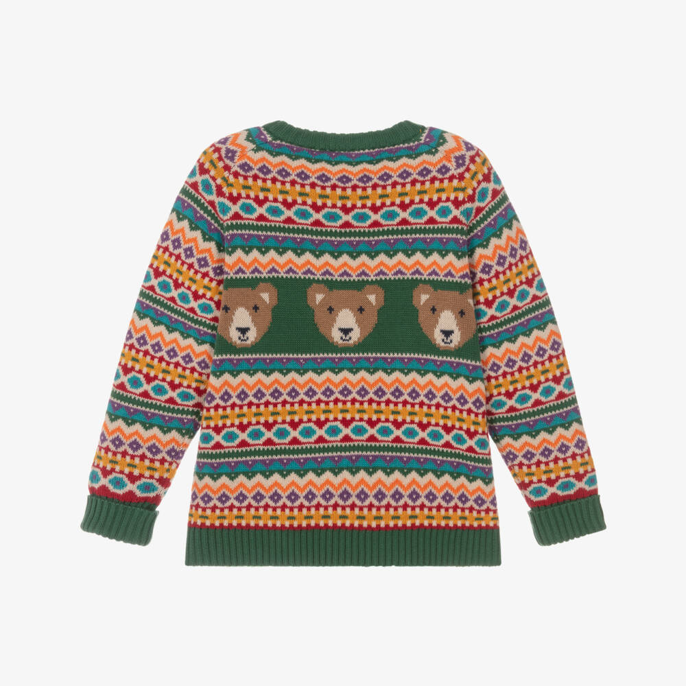 Frugi-Boys Green Knitted Organic Cotton Bear Fair Isle Sweater | Childrensalon Outlet