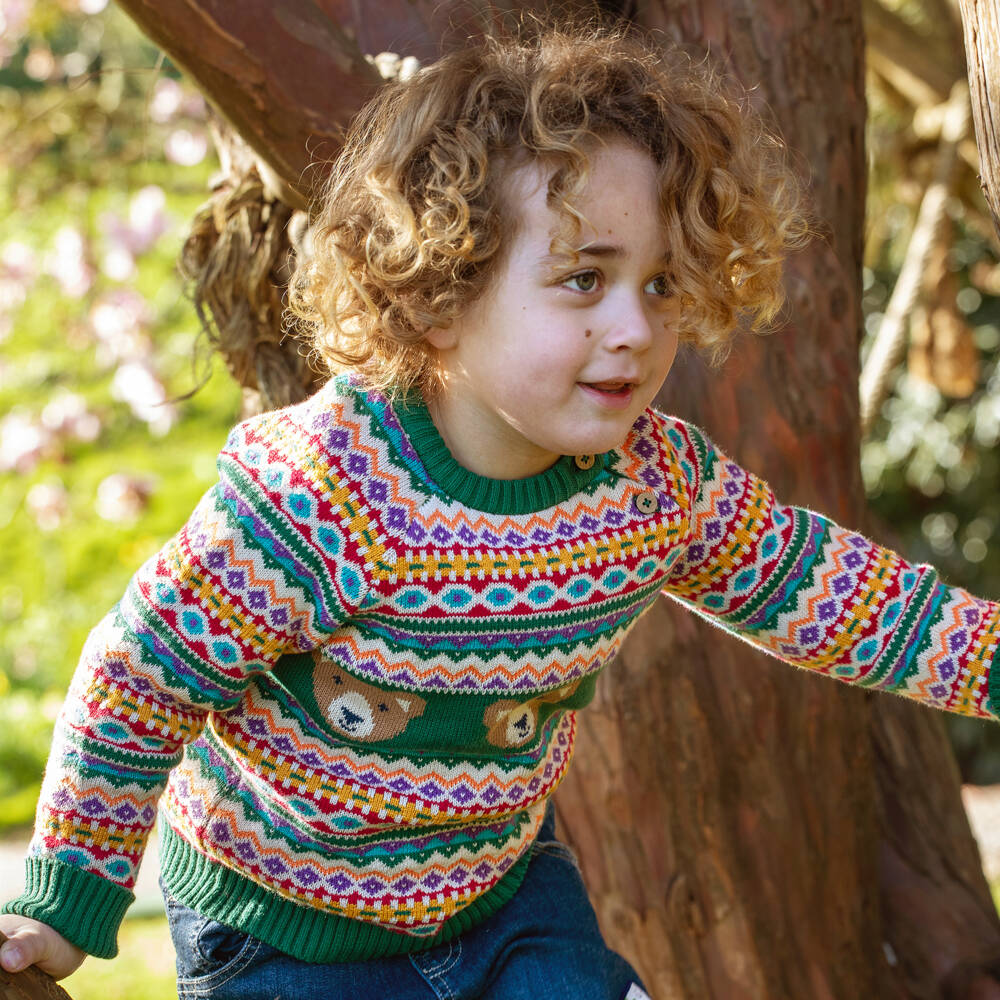 Frugi-Boys Green Knitted Organic Cotton Bear Fair Isle Sweater | Childrensalon Outlet