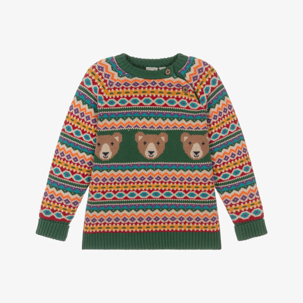 Frugi-Boys Green Knitted Organic Cotton Bear Fair Isle Sweater | Childrensalon Outlet