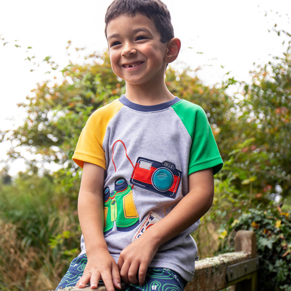 Frugi-Boys Grey Cotton T-Shirt with Camera & Binoculars | Childrensalon Outlet