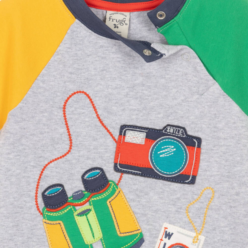 Frugi-Boys Grey Cotton T-Shirt with Camera & Binoculars | Childrensalon Outlet