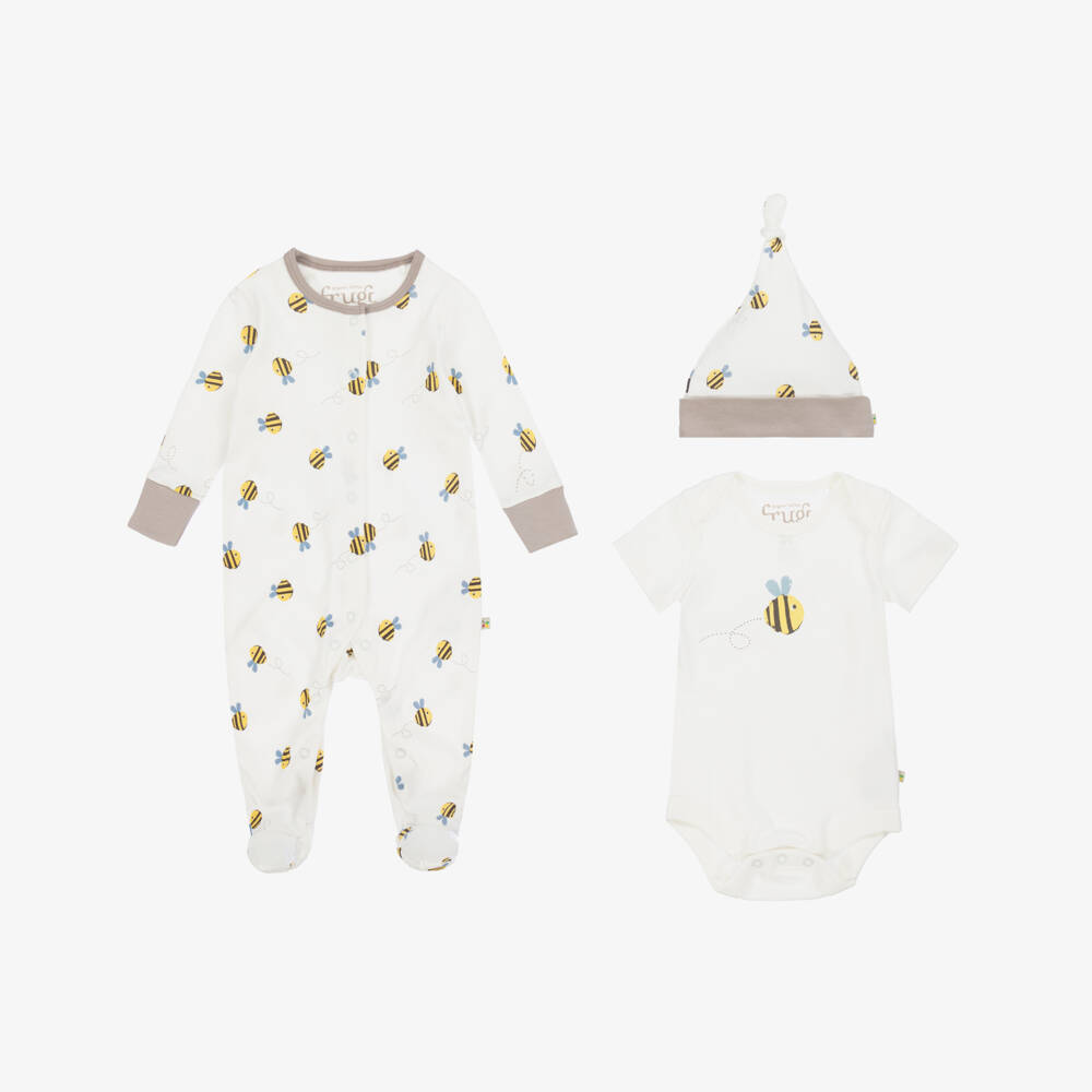 Frugi-Boys Ivory Bee Cotton Romper Trio | Childrensalon Outlet