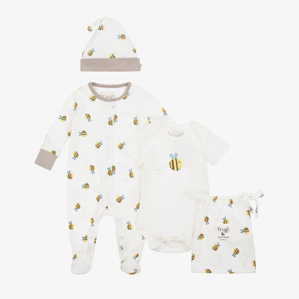 Frugi-Boys Ivory Bee Cotton Romper Trio | Childrensalon Outlet