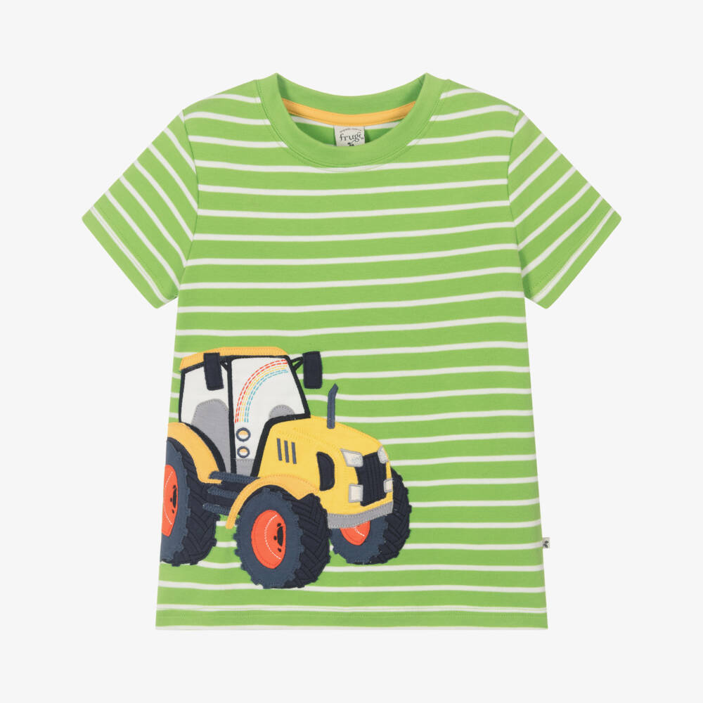 Frugi-Boys Lime Stripe Tractor Tee | Childrensalon Outlet