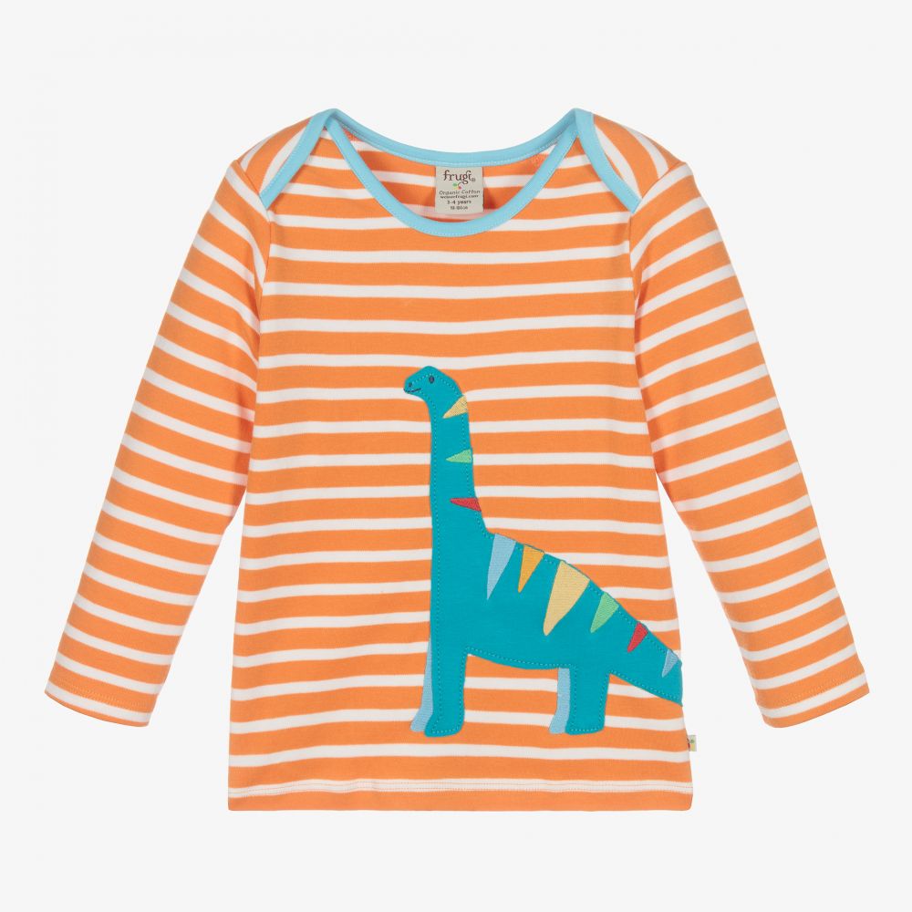 Frugi - Orange gestreiftes Dino-Oberteil (J) | Childrensalon