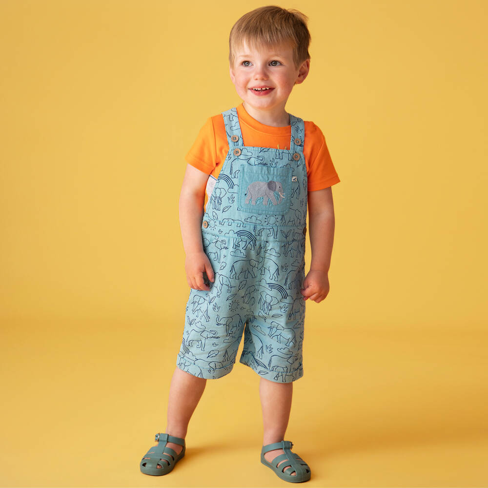 Frugi-Boys Pale Aqua Blue Elephant Dungaree Shorts | Childrensalon Outlet