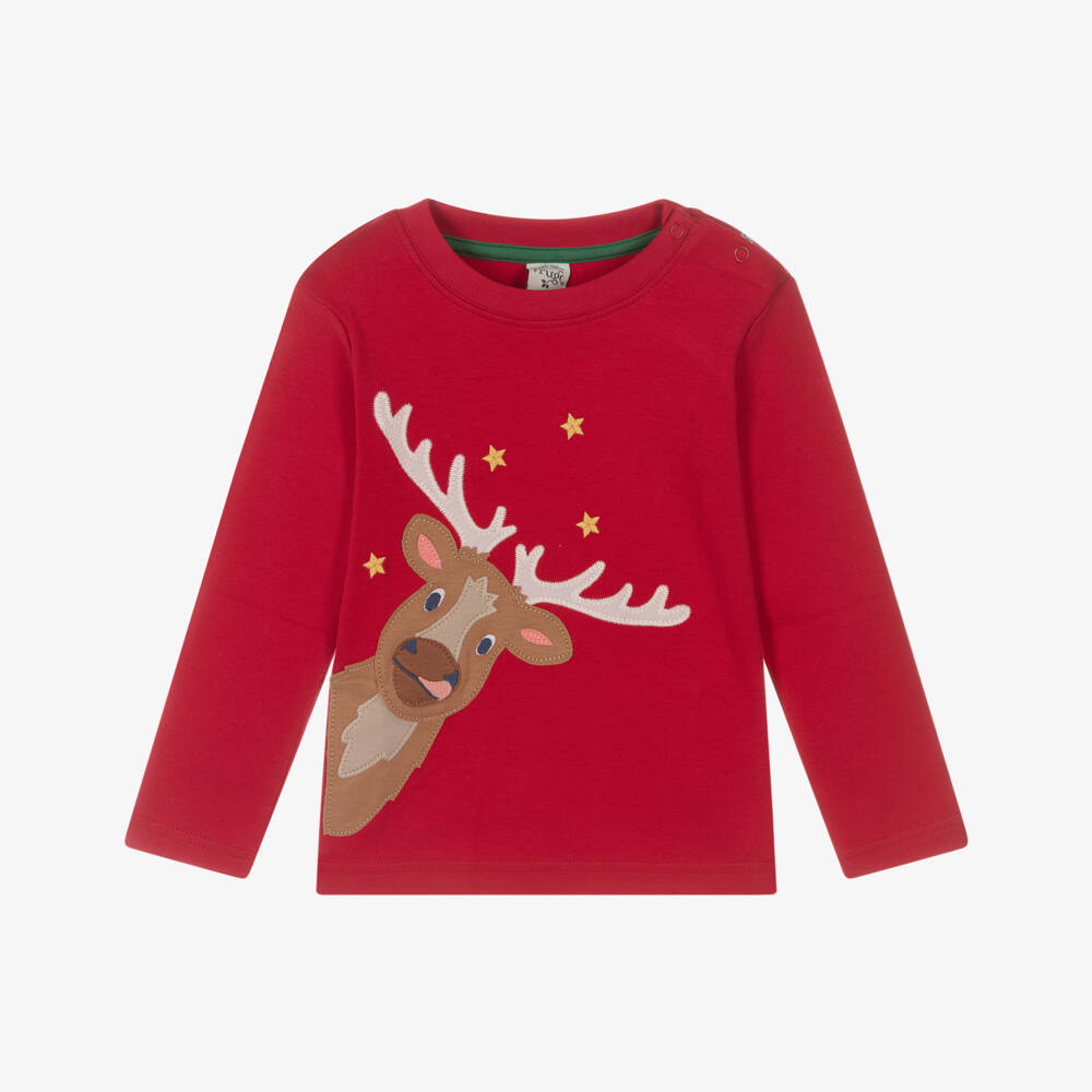 Frugi-Boys Red Organic Cotton Reindeer Appliqué Top | Childrensalon Outlet