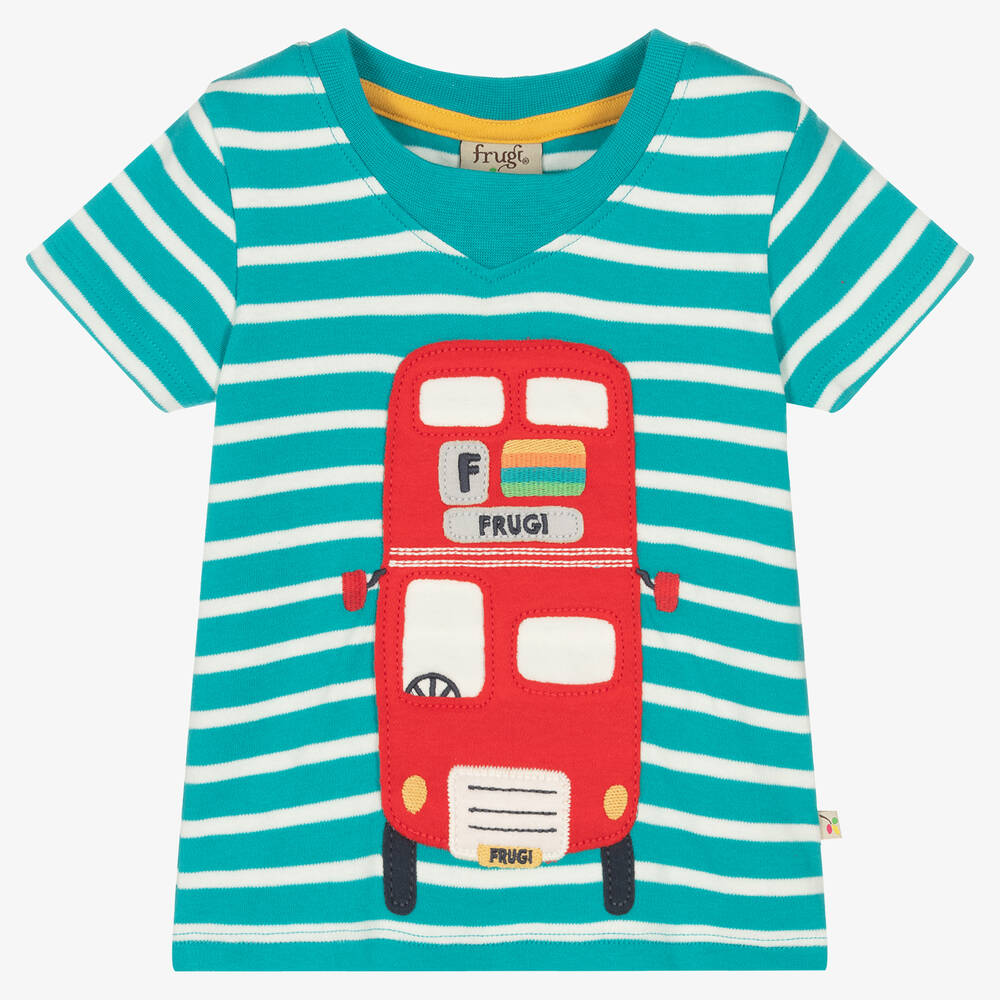 Frugi - Baumwoll-Streifen-T-Shirt mit Bus | Childrensalon