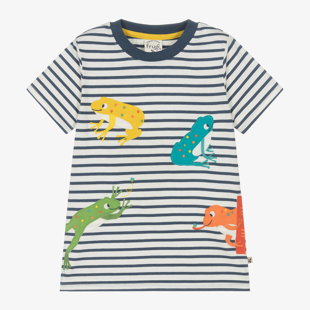 Frugi-Boys White Striped Cotton Frog T-Shirt | Childrensalon Outlet