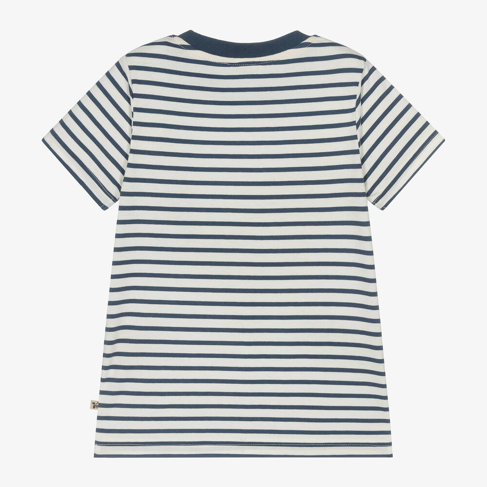 Frugi-Boys White Striped Cotton Frog T-Shirt | Childrensalon Outlet