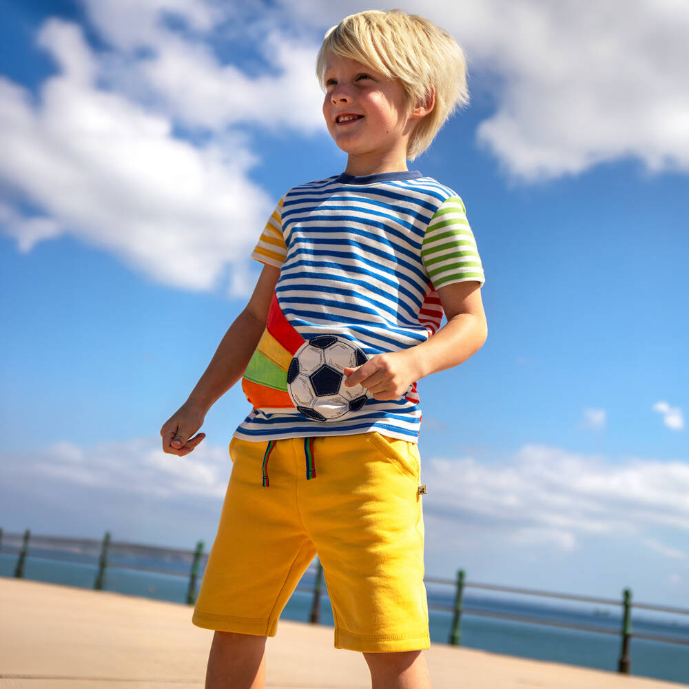 Frugi-Boys Yellow Cotton Jersey Shorts with Striped Drawstring | Childrensalon Outlet