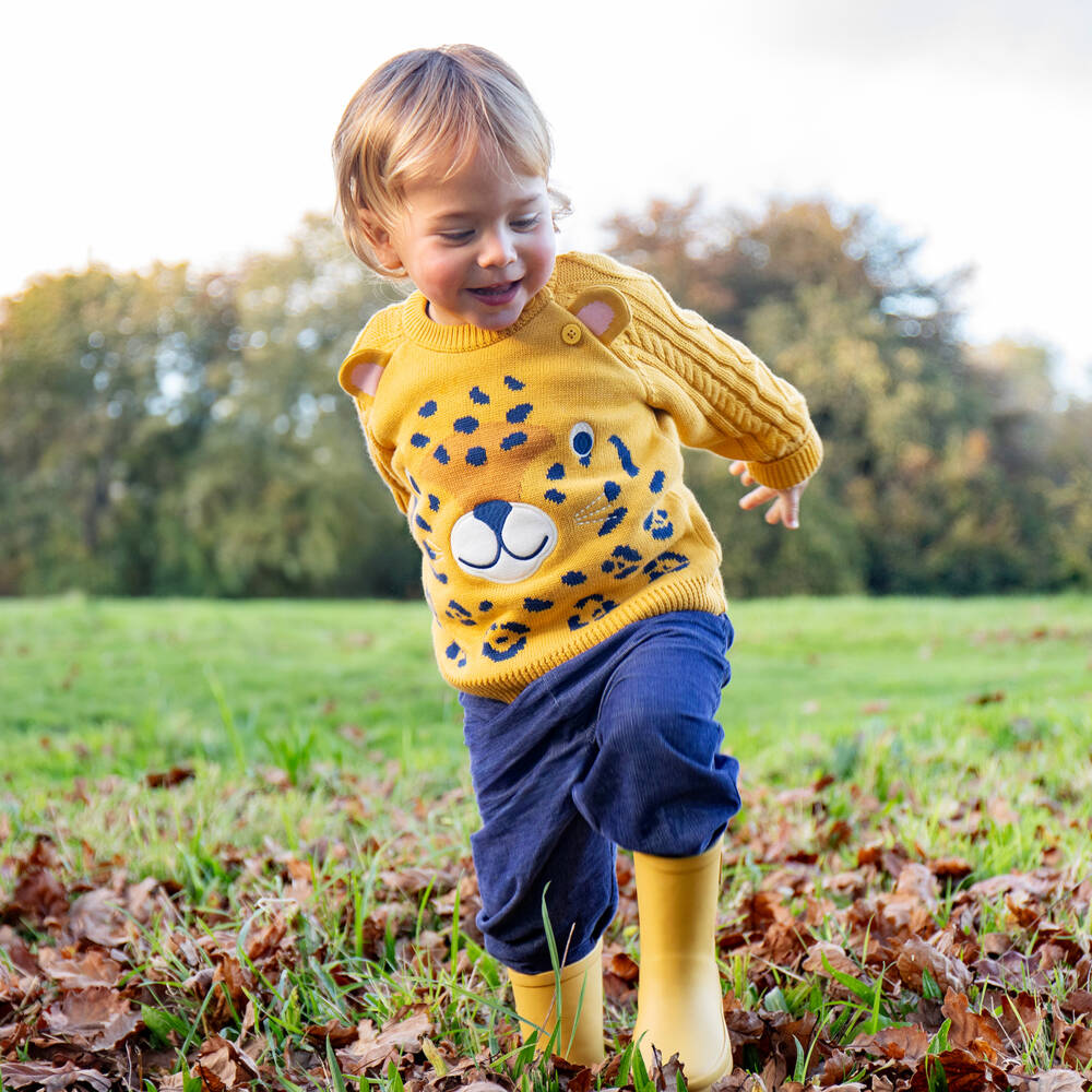Frugi-Boys Yellow Organic Cotton Knit Leopard Sweater | Childrensalon Outlet