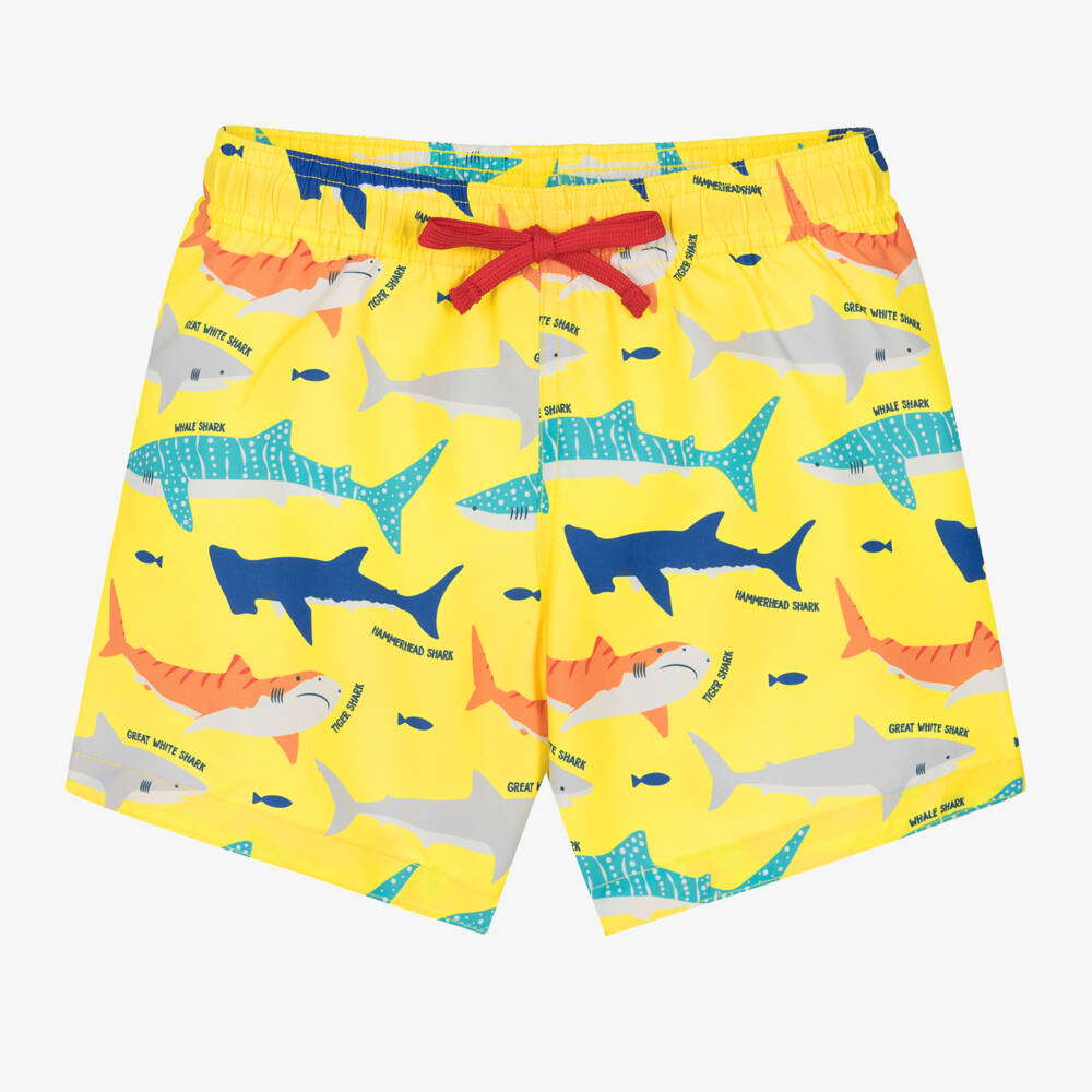 Boys Yellow Shark Print Swim Shorts
