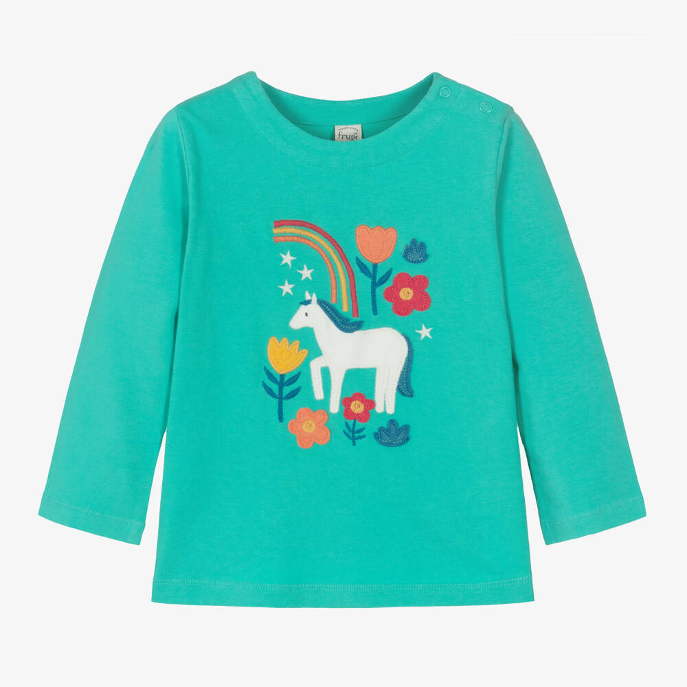 Frugi-Girls Aqua Horse Appliqué Top | Childrensalon Outlet