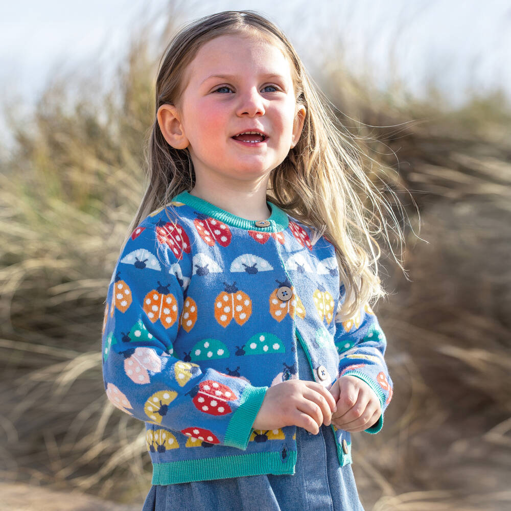 Frugi-Girls Blue Cotton Knit Ladybird Cardigan | Childrensalon Outlet