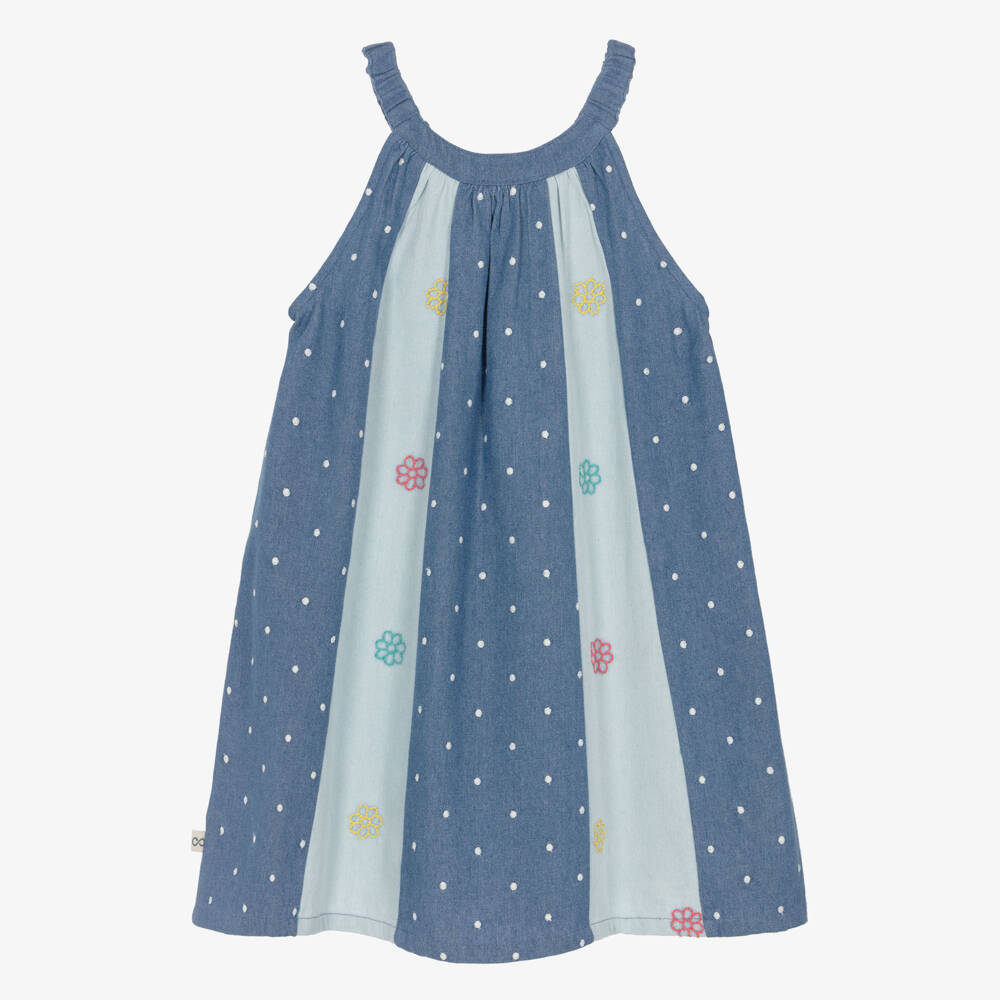 Frugi-Girls Blue Denim Trapeze Dress with Embroidered Flowers | Childrensalon Outlet
