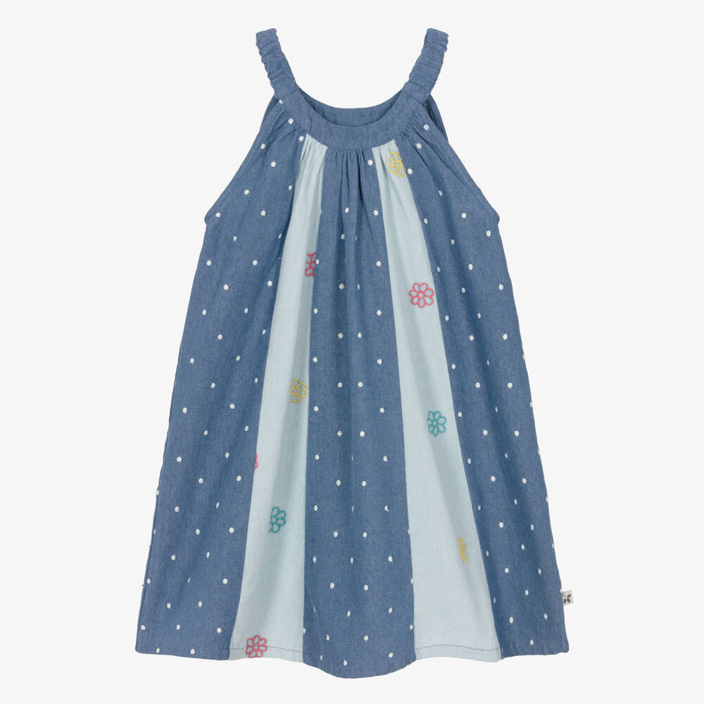 Frugi-Girls Blue Denim Trapeze Dress with Embroidered Flowers | Childrensalon Outlet