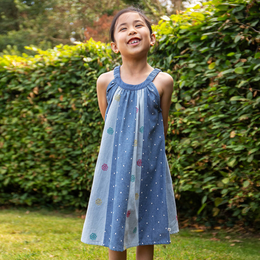 Frugi-Girls Blue Denim Trapeze Dress with Embroidered Flowers | Childrensalon Outlet