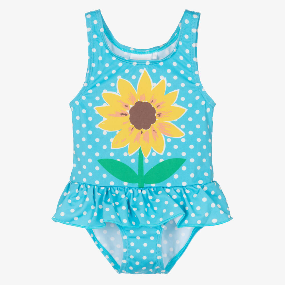 Frugi-Girls Blue Dotted Swimsuit with Sunflower Motif | Childrensalon Outlet