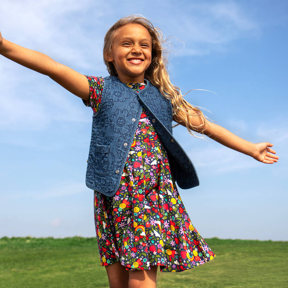 Frugi-Girls Blue Embroidered Floral Denim Waistcoat | Childrensalon Outlet