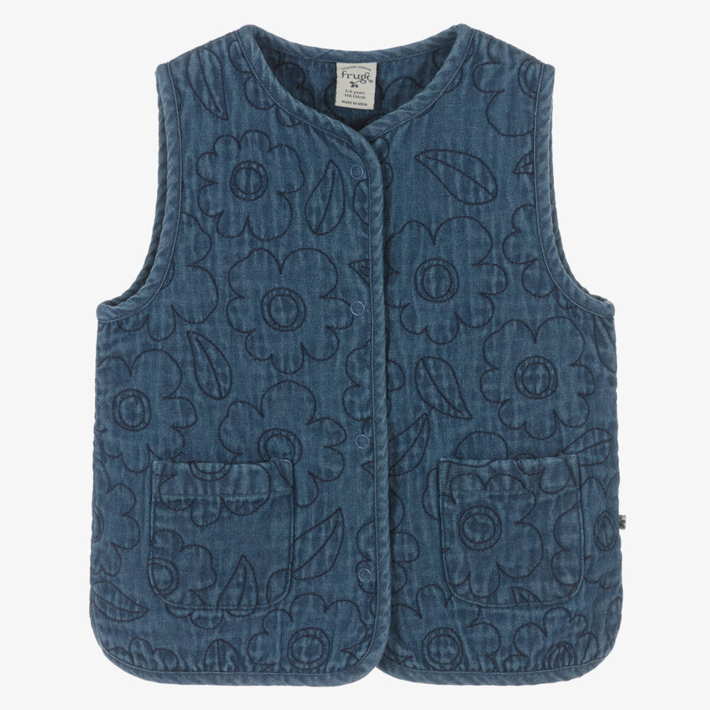 Frugi-Girls Blue Embroidered Floral Denim Waistcoat | Childrensalon Outlet