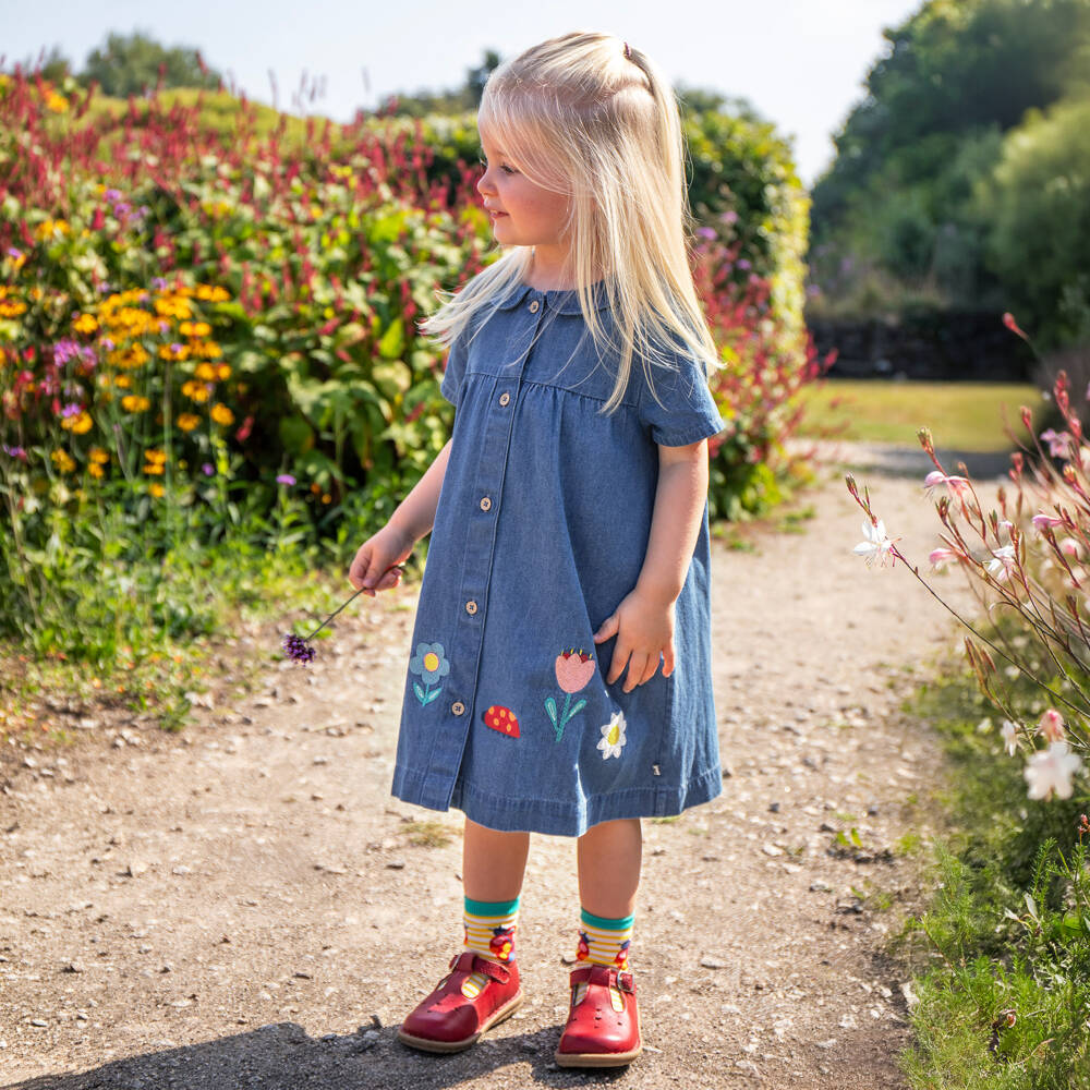 Frugi-Girls Blue Embroidered Organic Cotton Denim Dress | Childrensalon Outlet