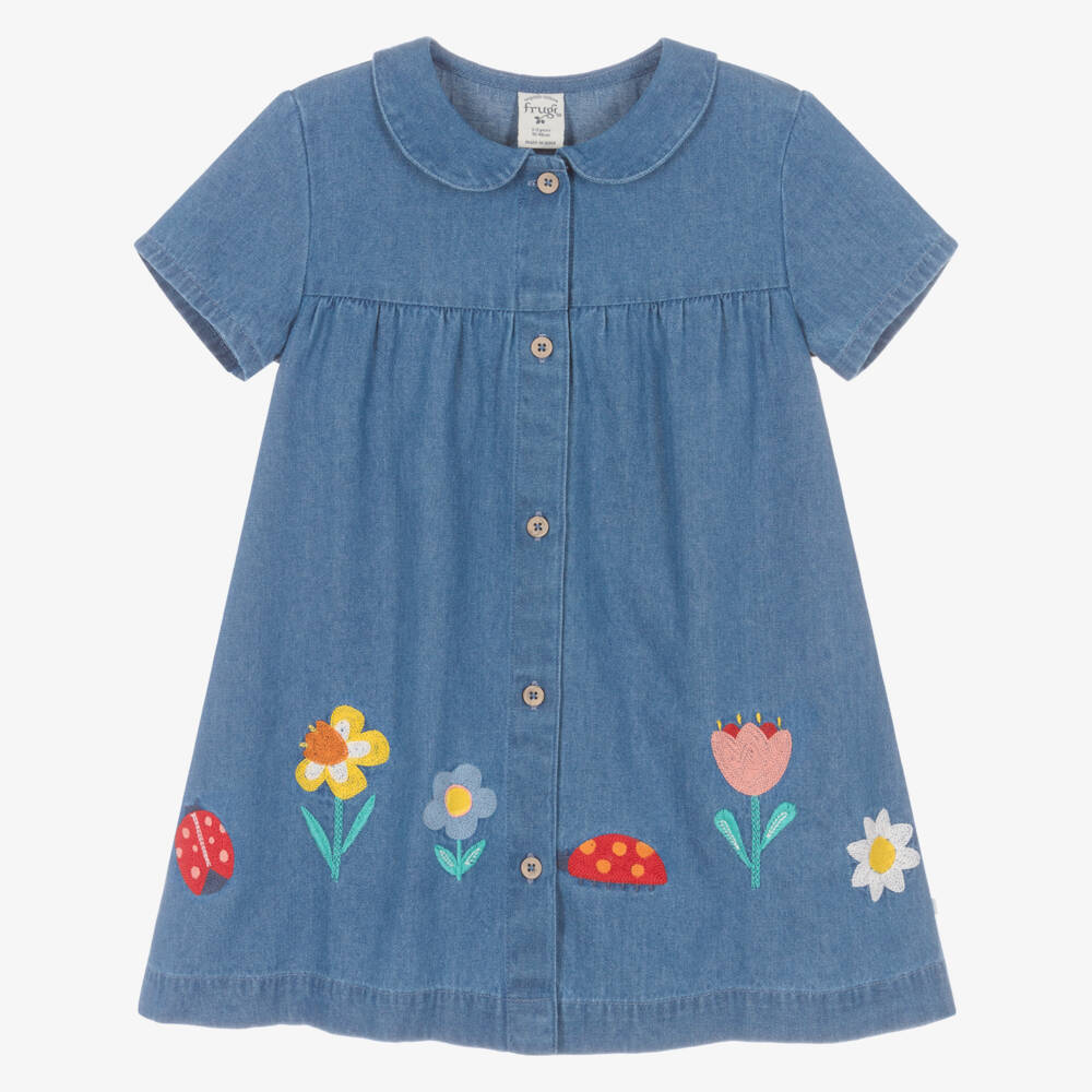 Frugi-Girls Blue Embroidered Organic Cotton Denim Dress | Childrensalon Outlet