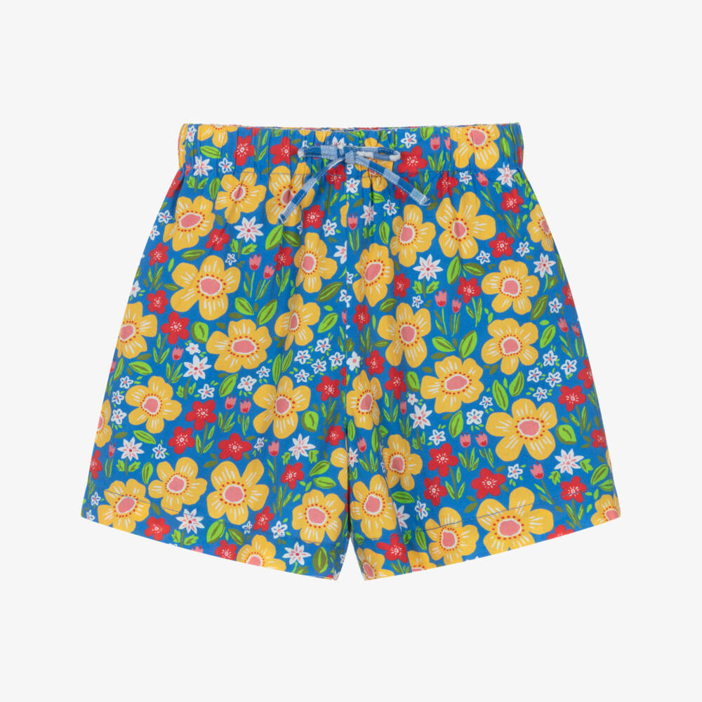 Frugi-Girls Blue Gingham & Floral Reversible Organic Cotton Shorts | Childrensalon Outlet