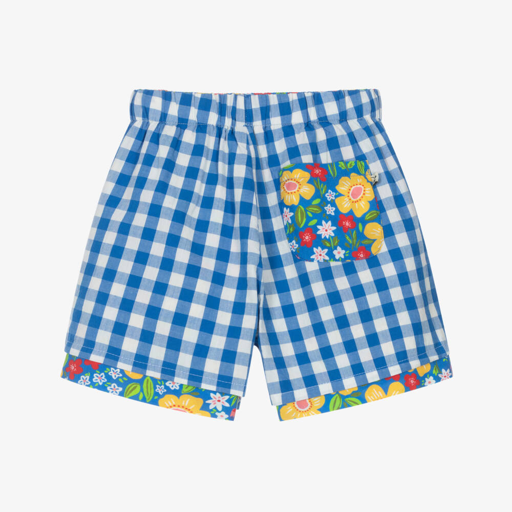 Frugi-Girls Blue Gingham & Floral Reversible Organic Cotton Shorts | Childrensalon Outlet