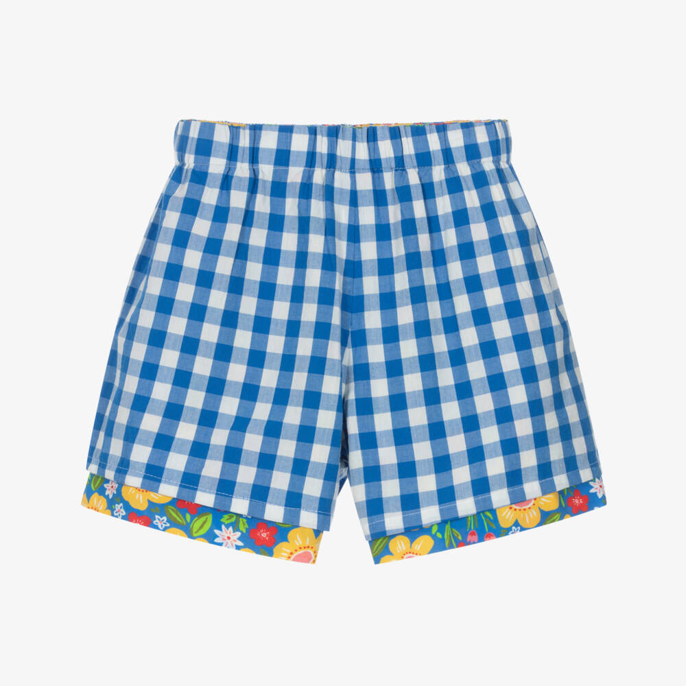 Frugi-Girls Blue Gingham & Floral Reversible Organic Cotton Shorts | Childrensalon Outlet