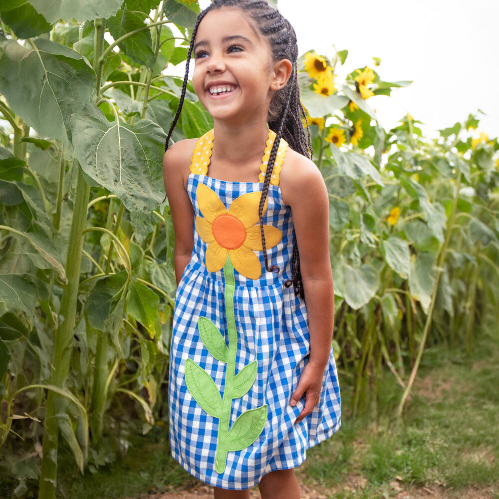 Frugi-Girls Blue Gingham Organic Cotton Dress with Daisy Appliqué | Childrensalon Outlet