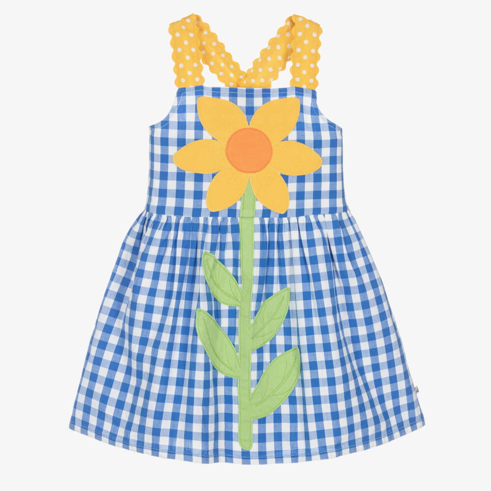 Frugi-Girls Blue Gingham Organic Cotton Dress with Daisy Appliqué | Childrensalon Outlet