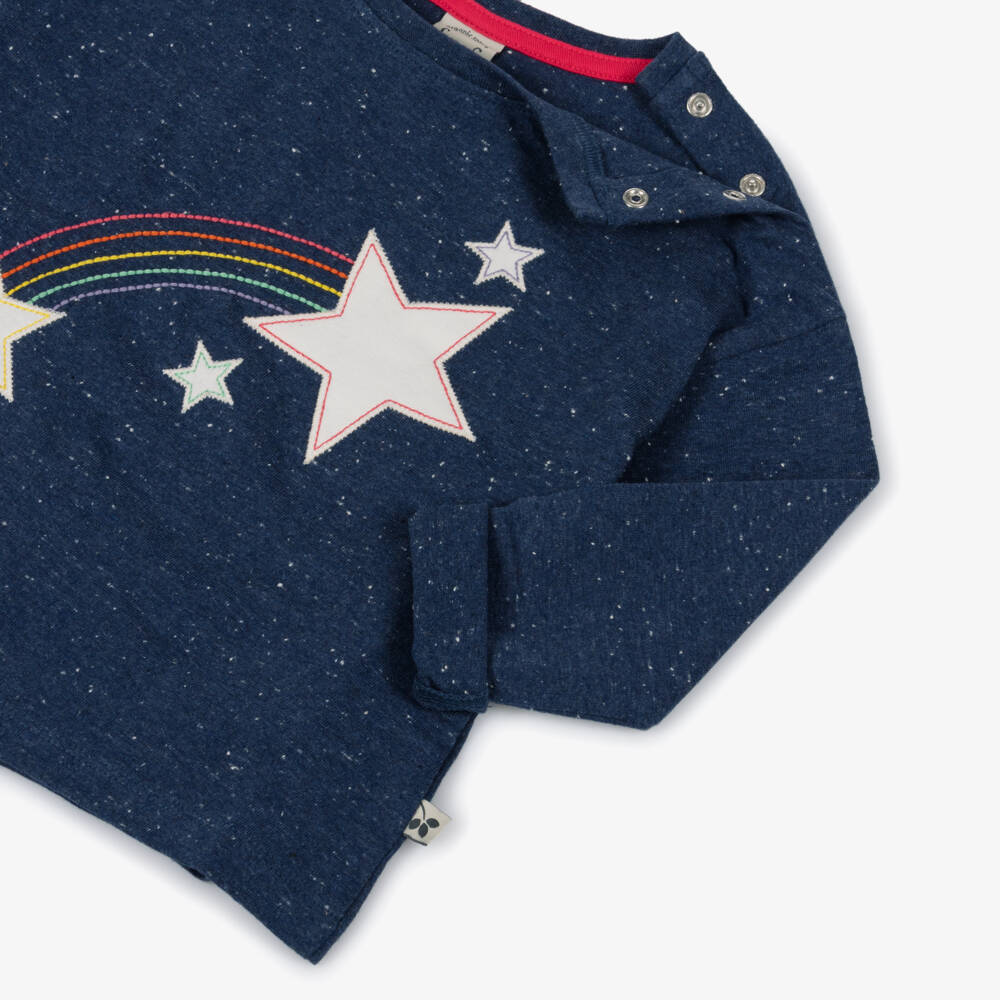 Frugi-Girls Blue Organic Cotton Jersey Top with Star Appliqués | Childrensalon Outlet