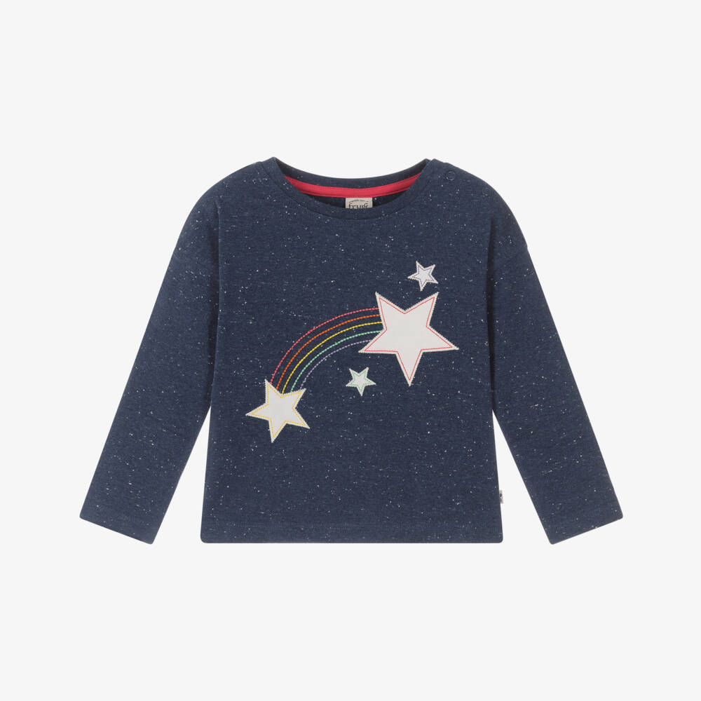 Frugi-Girls Blue Organic Cotton Jersey Top with Star Appliqués | Childrensalon Outlet