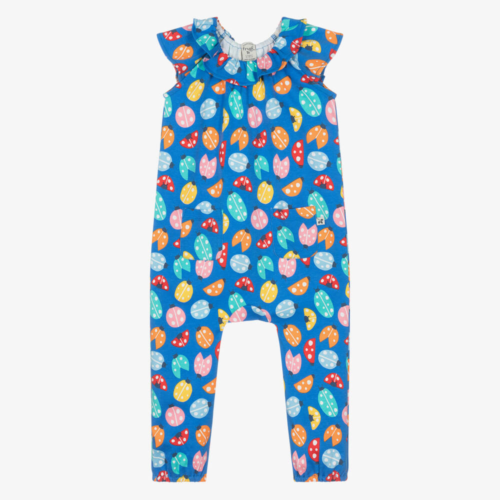 Frugi-Girls Blue Organic Cotton Jumpsuit with Ladybird Print | Childrensalon Outlet