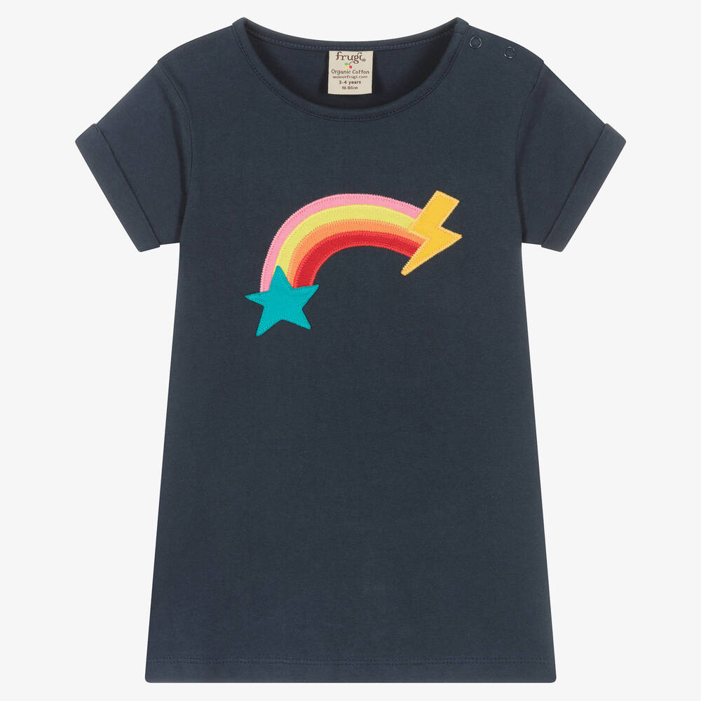 Frugi - Girls Blue Organic Cotton Rainbow T-Shirt | Childrensalon
