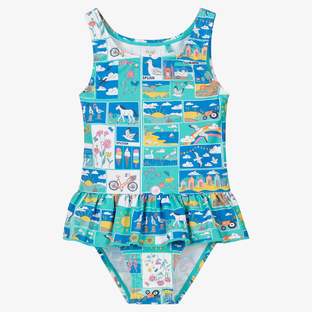 Frugi - Girls Blue Postcard Swimsuit (UPF50+) | Childrensalon