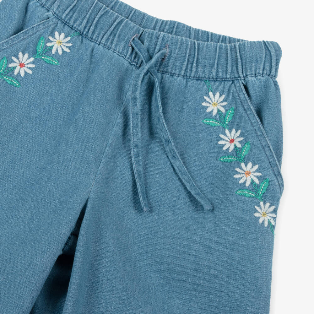 Frugi-Girls Daisy-Adorned Chambray Trousers | Childrensalon Outlet