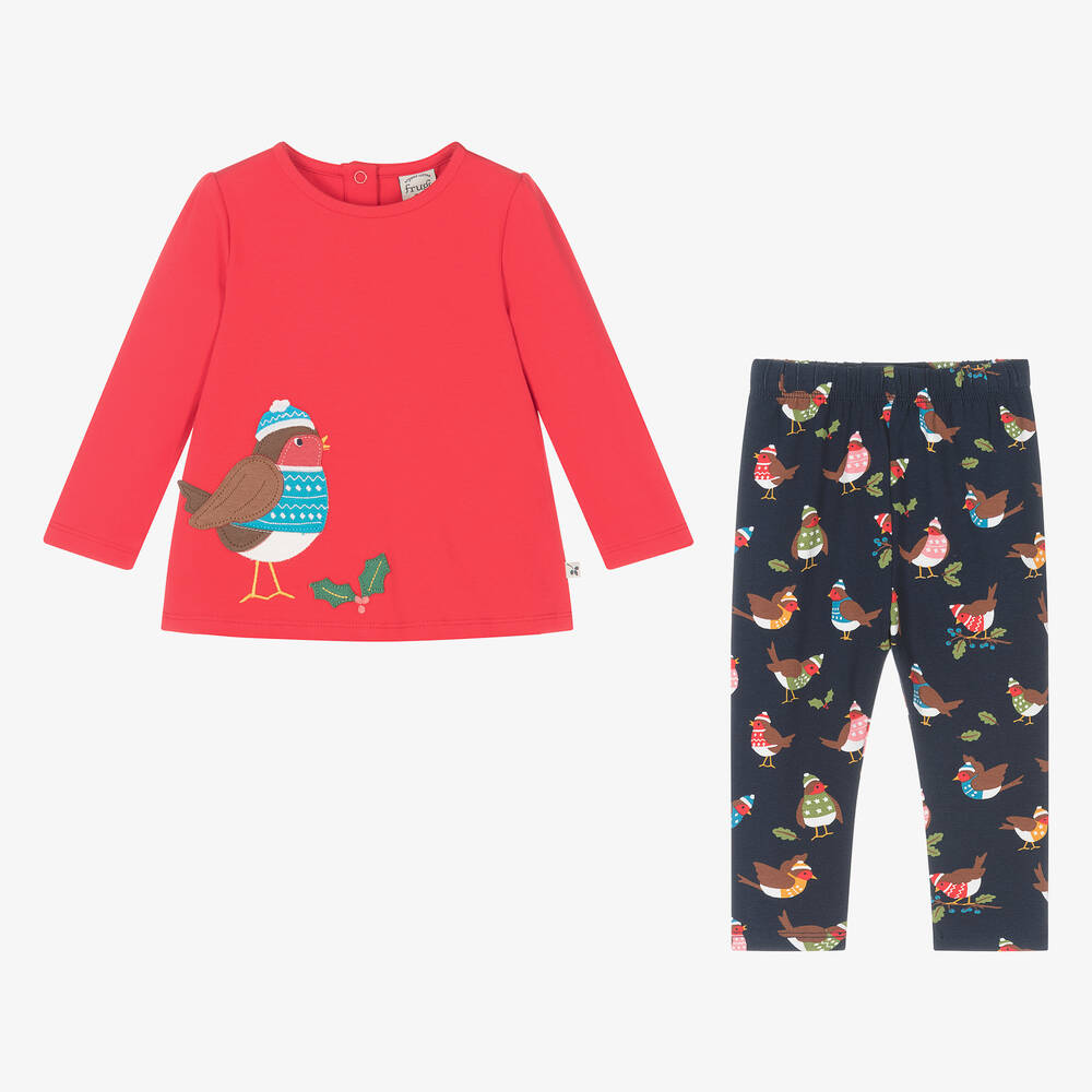 Frugi-طقم ليقنز  قطن روبن أحمر بطبعة احتفالية للبنات | Childrensalon Outlet