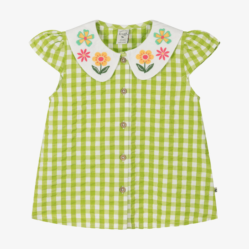 Frugi-Girls Green Checkered Cotton Top | Childrensalon Outlet