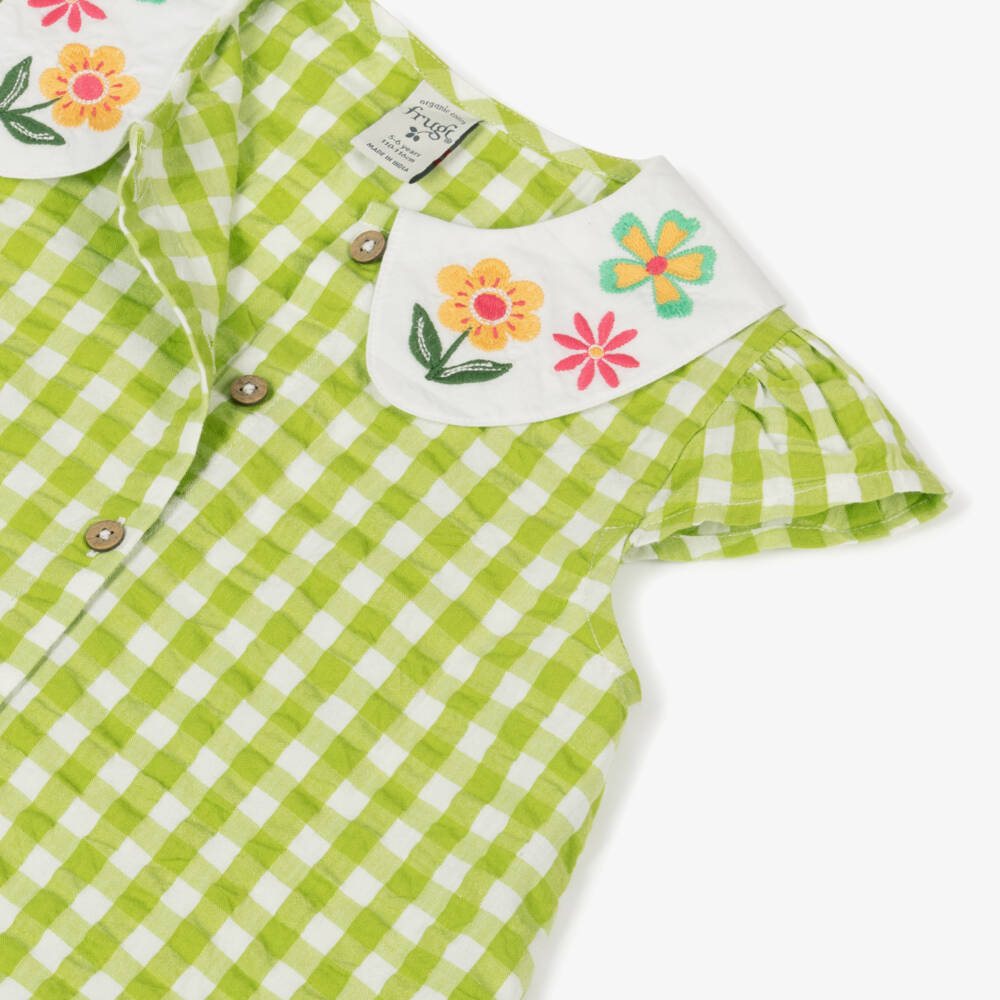 Frugi-Girls Green Checkered Cotton Top | Childrensalon Outlet