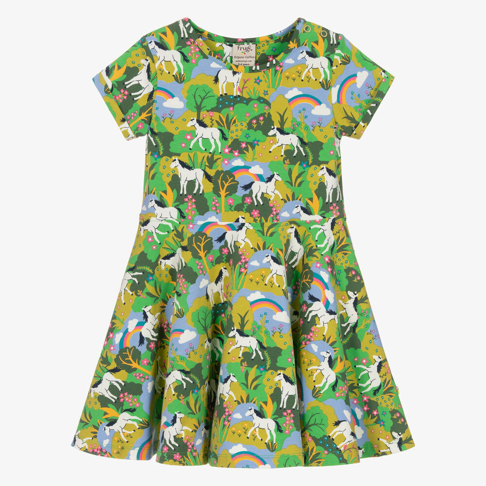 Frugi - Robe patineuse coton vert à chevaux | Childrensalon