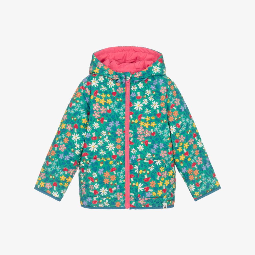 Frugi-Girls Green & Pink Woodland Floral Reversible Jacket | Childrensalon Outlet